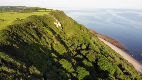 aerial view of sun lit green coastline at littlecombe shoot in east devon