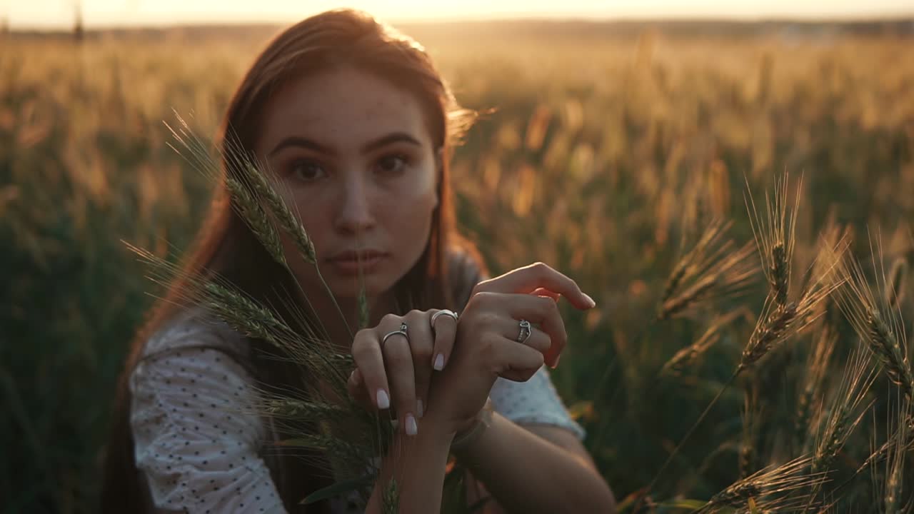 mujer en un campo de trigo al atardecer
