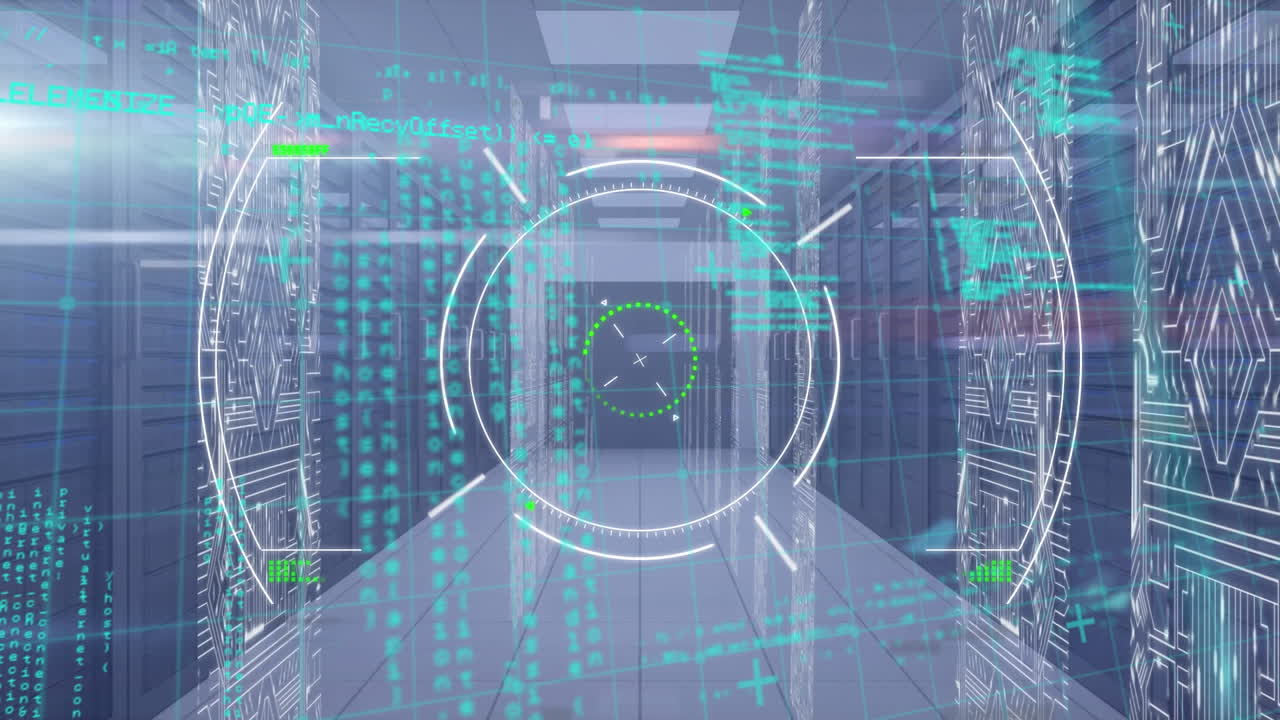 Animation of data processing and scope scanning over server room