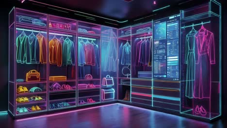 futuristic smart wardrobe with neon lighting