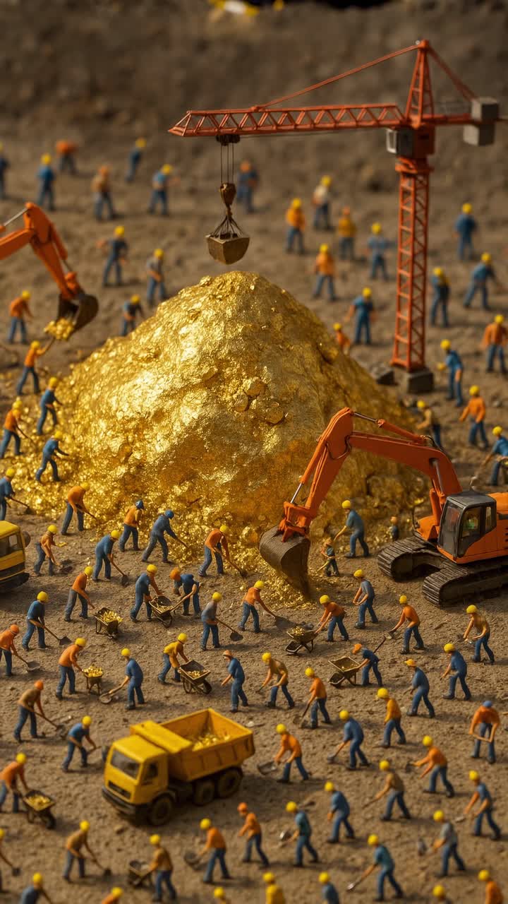 Miniature workers are busily extracting gold from a large pile, using shovels, wheelbarrows, an excavator, and a crane in a bustling gold mining operation