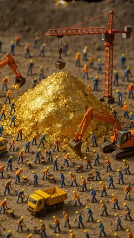 miniature workers are busily extracting gold from a large pile, using shovels, wheelbarrows, an excavator, and a crane in a bustling gold mining operation