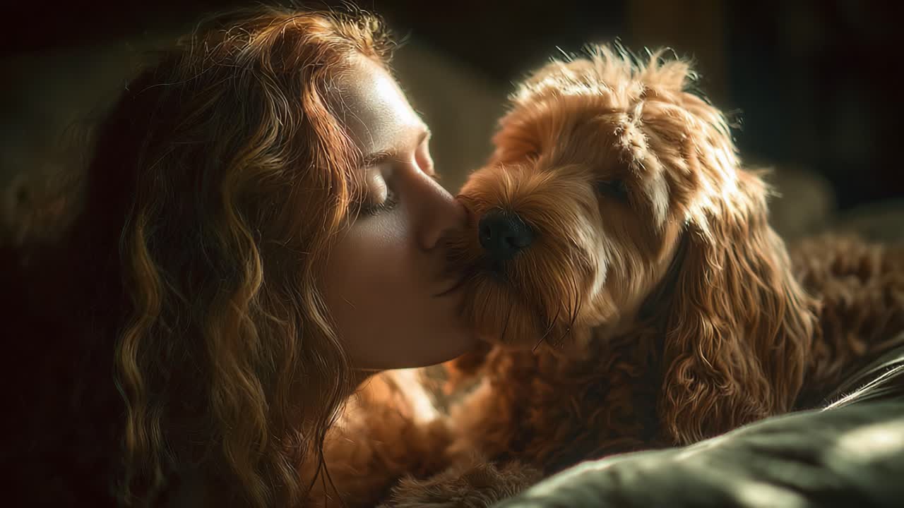 Un momento toccante tra una donna e il suo cane: una bella dimostrazione di amore e affetto catturata in un ambiente sereno.