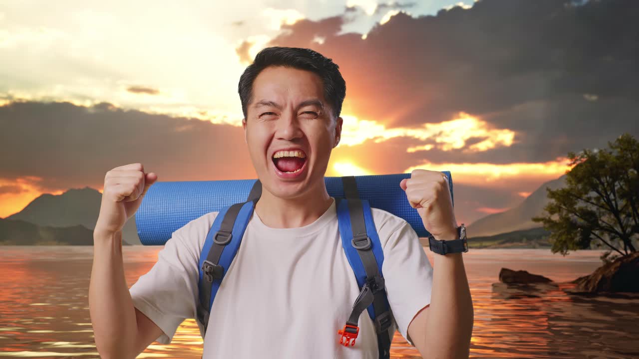 ชายชาวเอเชียนักเดินป่าสะพายเป้ปีนเขา ตะโกนฉลองความสำเร็จที่ริมทะเลสาบ