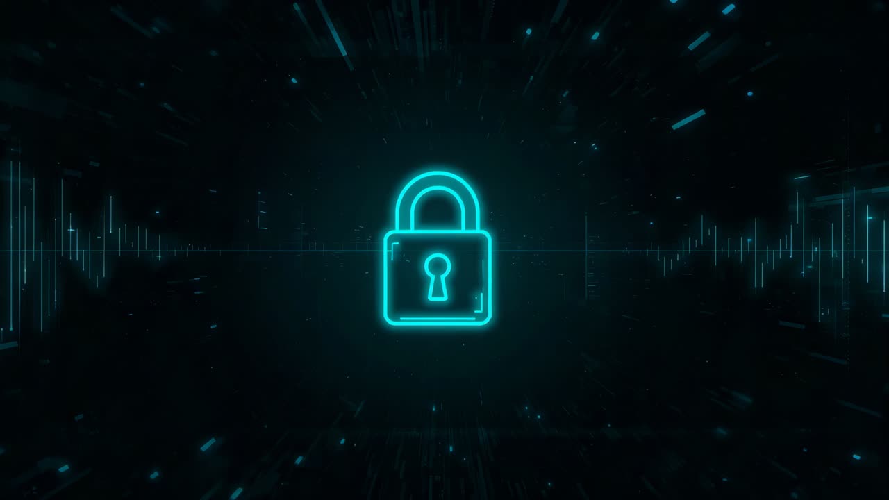 Pulsing neon teal padlock icon settling on cyber stage, responding to rising waveform