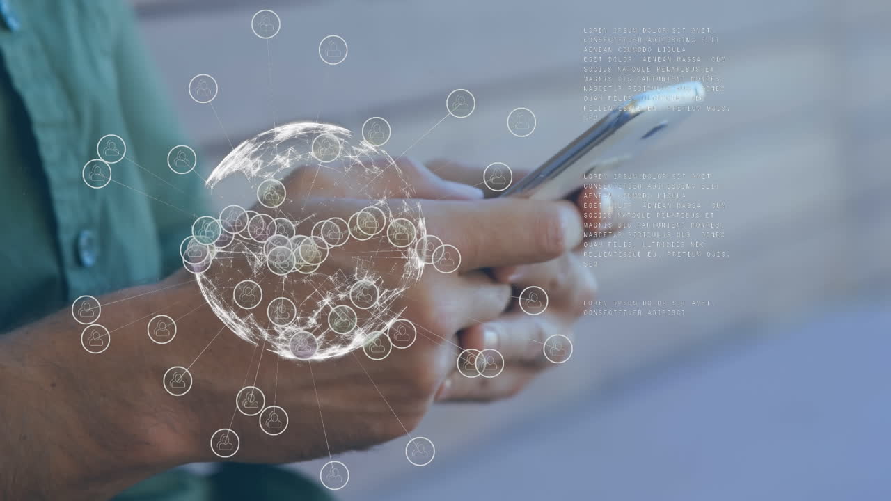 animación del procesamiento de datos y el mundo sobre el hombre biracial usando un teléfono inteligente