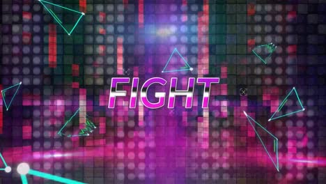 animación de la pancarta de texto de lucha contra las formas triangulares de neón y los cuadrados de mosaico.