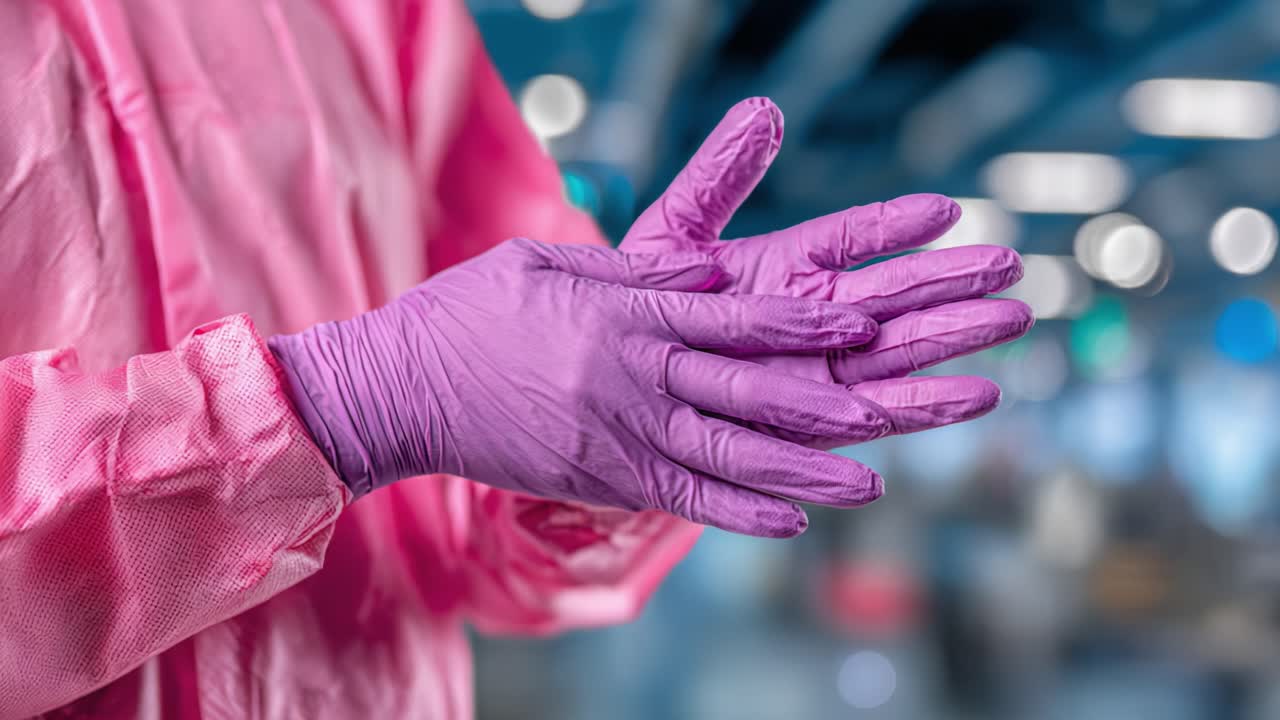 Preparazione e sicurezza: primo piano di mani con guanti in un ambiente clinico, a indicare la preparazione per procedure mediche e pratiche sanitarie