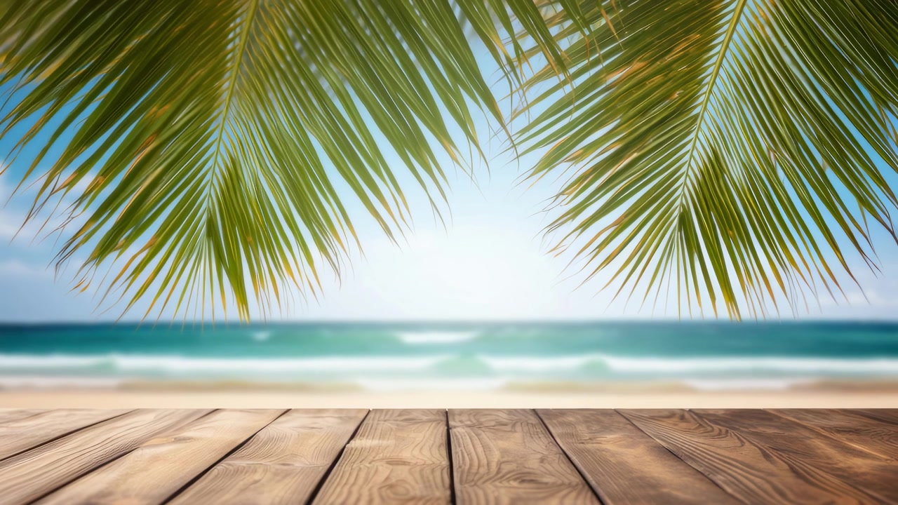 Empty Wooden Deck Overlooking Tropical Beach and Ocean with Palm Leaves