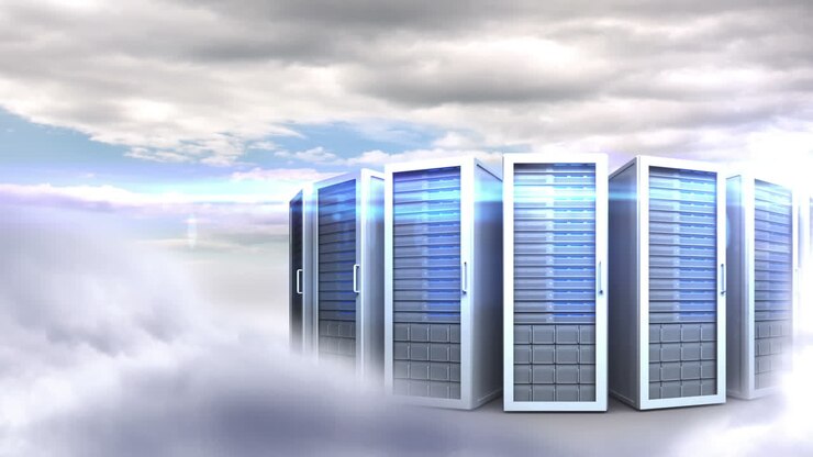 Servers towers on cloudy sky background