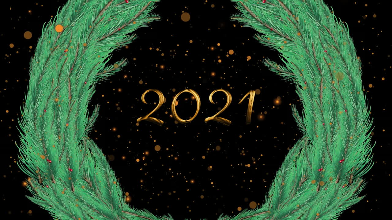 animación de 2021 y corona de navidad sobre fondo negro