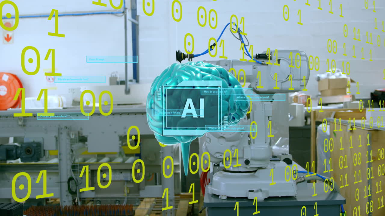 текст через двоичный код и роботизированные машины в промышленной обстановке