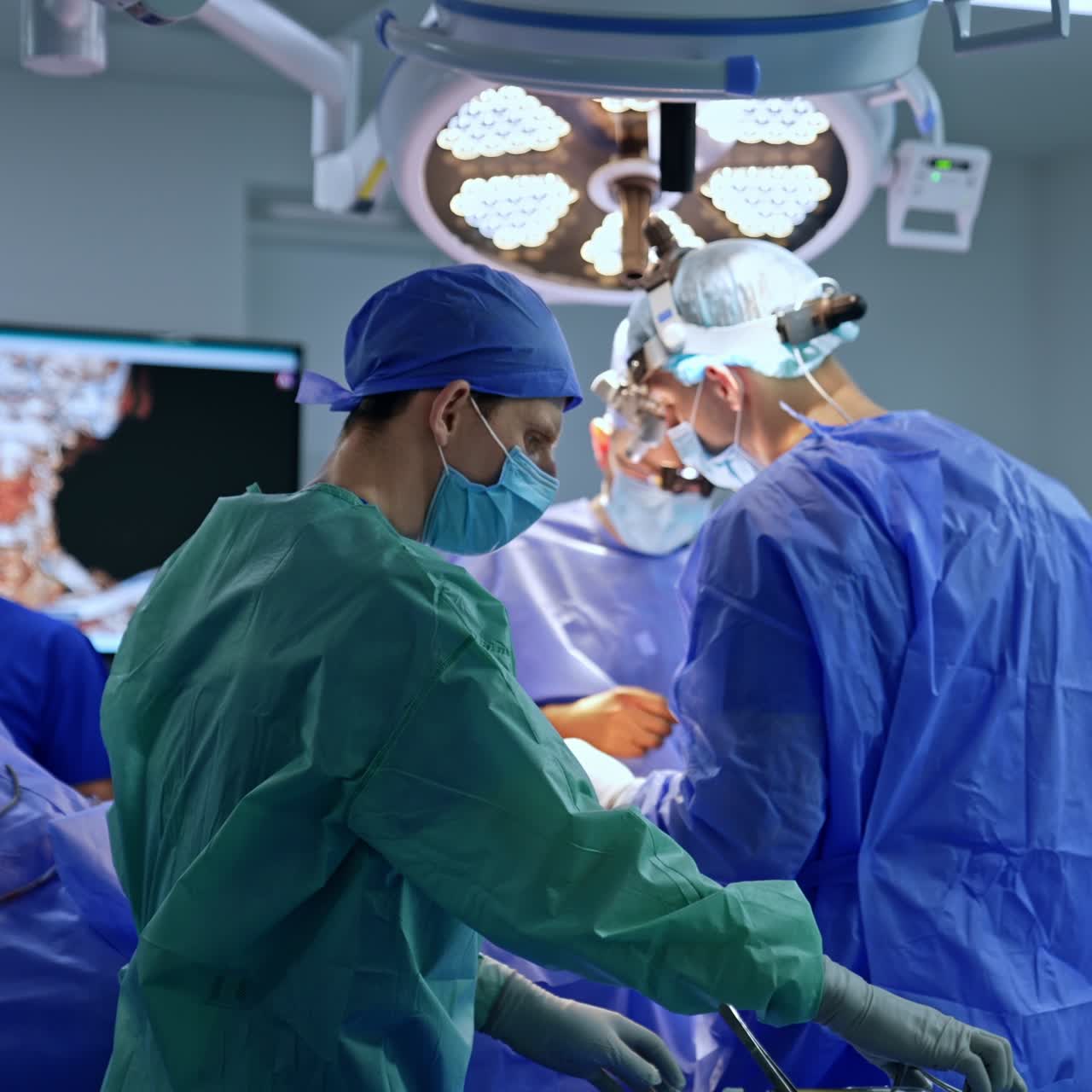 Medical team of surgeons and assisting staff in modern surgery room. Doctors are ready to start the operation