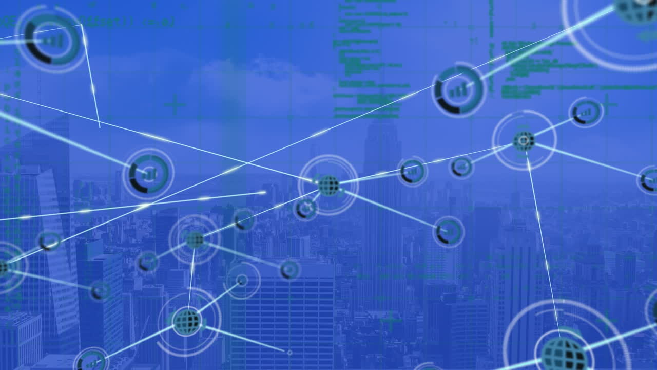 Animation of network of connections with icons and data over cityscape