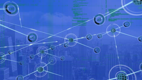 animación de la red de conexiones con iconos y datos sobre el paisaje urbano