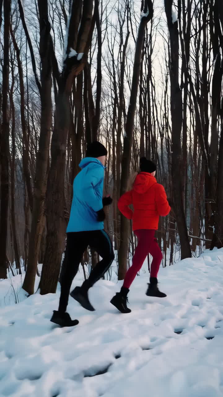 Two People Running in a Snowy Winter Forest