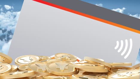 animación de monedas de yen de oro sobre la pantalla con icono wifi