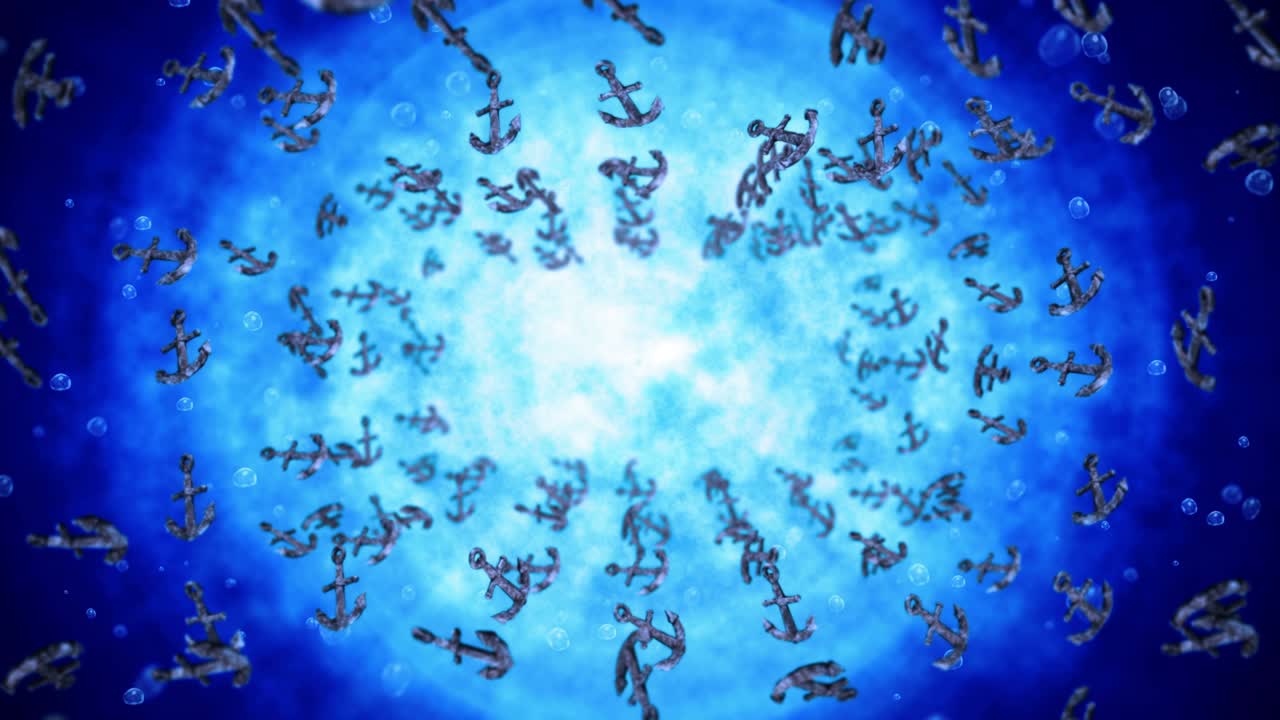 파란 물에서 많은 커를 날리는 것 - 선박 및 보트 커 - 해양 아이콘 - 커 회전의 3d 루프 애니메이션