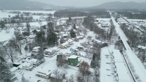 panoramic aerial overview of small colonial houses in new england suburb after northeast