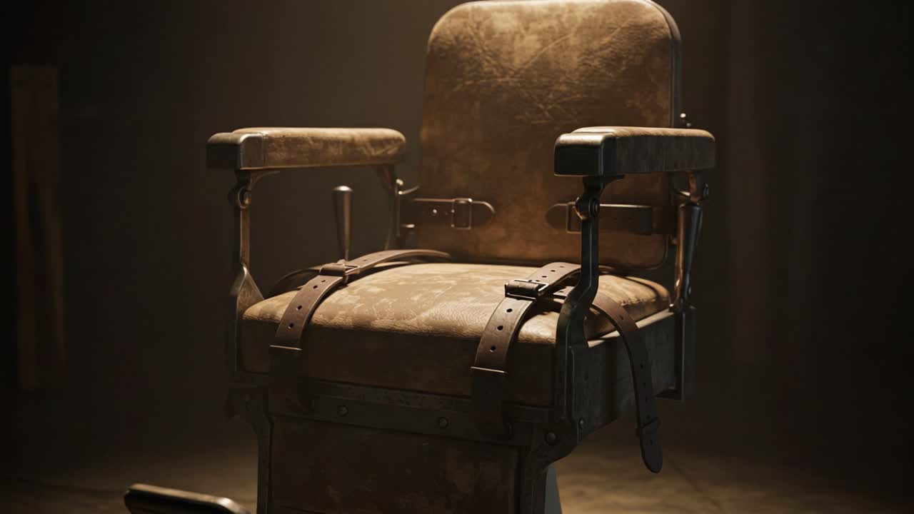 An Eerie Vintage Chair in a Dimly Lit Room Evoking Feelings of Mystery and Suspense, Perfect for a Horror or Thriller Setting