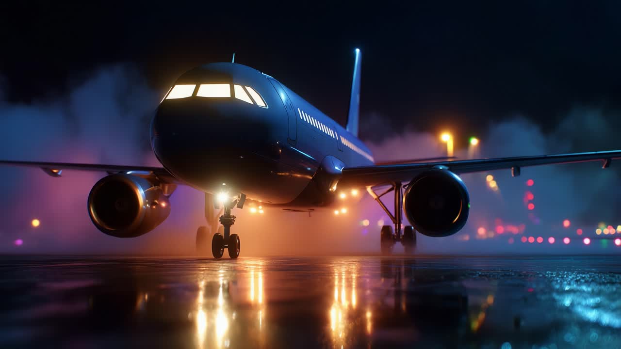 An aircraft stands illuminated in a vibrant nighttime setting, showcasing its polished body and powerful engines as colorful lights create a stunning ambiance in the background, evoking a sense of adventure and travel