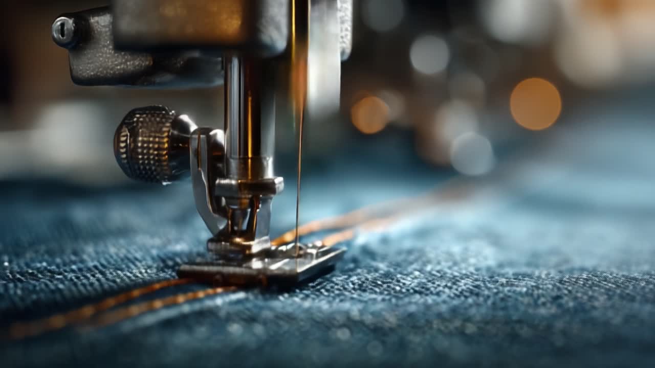 A close-up view of a sewing machine in action, focusing on the needle and the intricate stitching process on denim fabric, showcasing artistry and precision in textile crafting