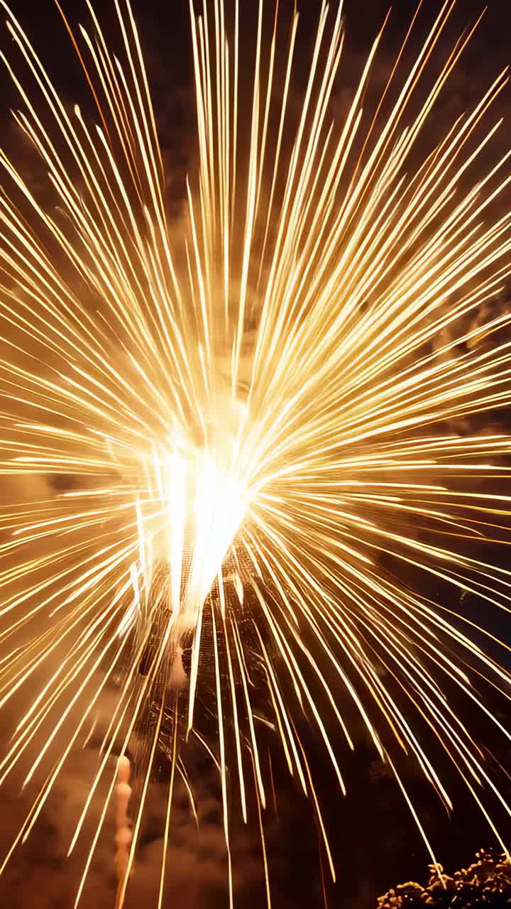 Vertical video: Exploding golden shell radiating core sparks across night sky, fuse seen for show