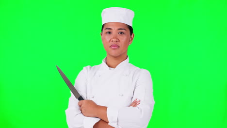 Mujer,-Chef-Y-Retrato-Con-Un-Cuchillo-Sobre-Un-Fondo-Verde