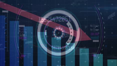 Animation-of-arrow-pointing-down-with-statistics,-numbers-changing-and-scope-scanning-in-background