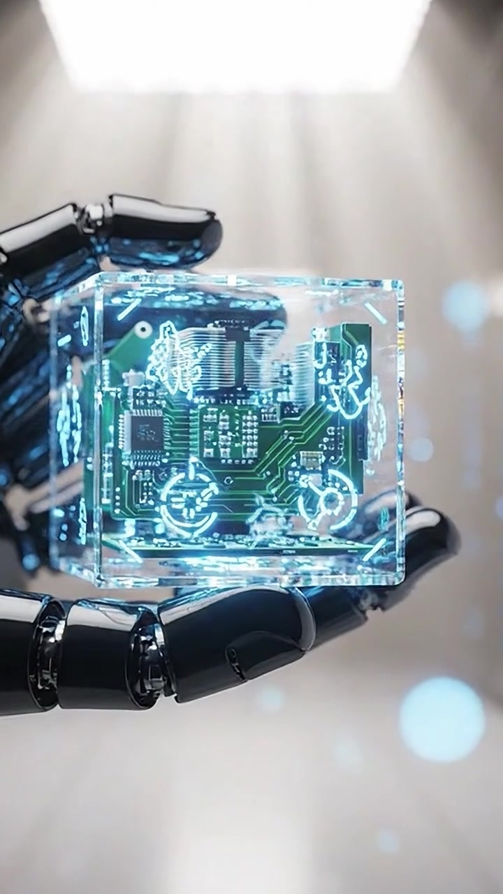 A futuristic robotic hand delicately holds a glowing transparent cube containing intricate circuitry, showcasing the convergence of technology and artistry.