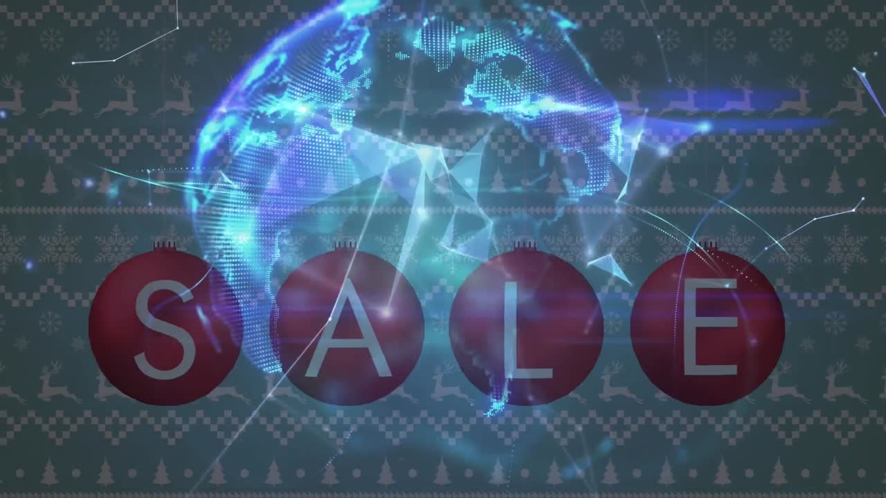 텍스트 판매의 애니메이션, 크리스마스 baubles, 네트워크를 통해 그리고 사 ⁇  패턴에 반 ⁇ 이는 세계