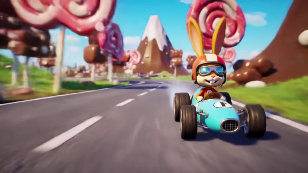 Animated Racing Adventure: A Happy Bunny in a Blue Kart Zooms Through a Colorful Candy Land Filled with Sweet Treats and Whimsical Landscapes