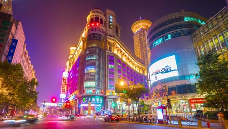 night illuminated shanghai city center traffic street crossroad panorama 4k time lapse china