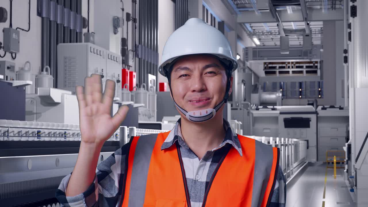 Close Up Of Asian Male Engineer With Safety Helmet Smiling To Camera And Waving Hand Saying Bye While Standing At Pharmaceutical Factory, Vaccine Production Facility