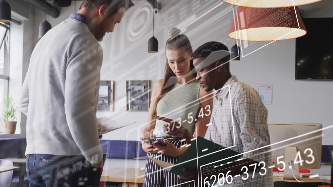 Animation of graphs, loading circles, bars, changing numbers, diverse coworkers discussing reports