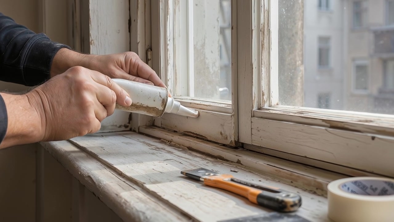 Detail rukou nanášejících bílý tmel z tuby na starý dřevěný okenní rám