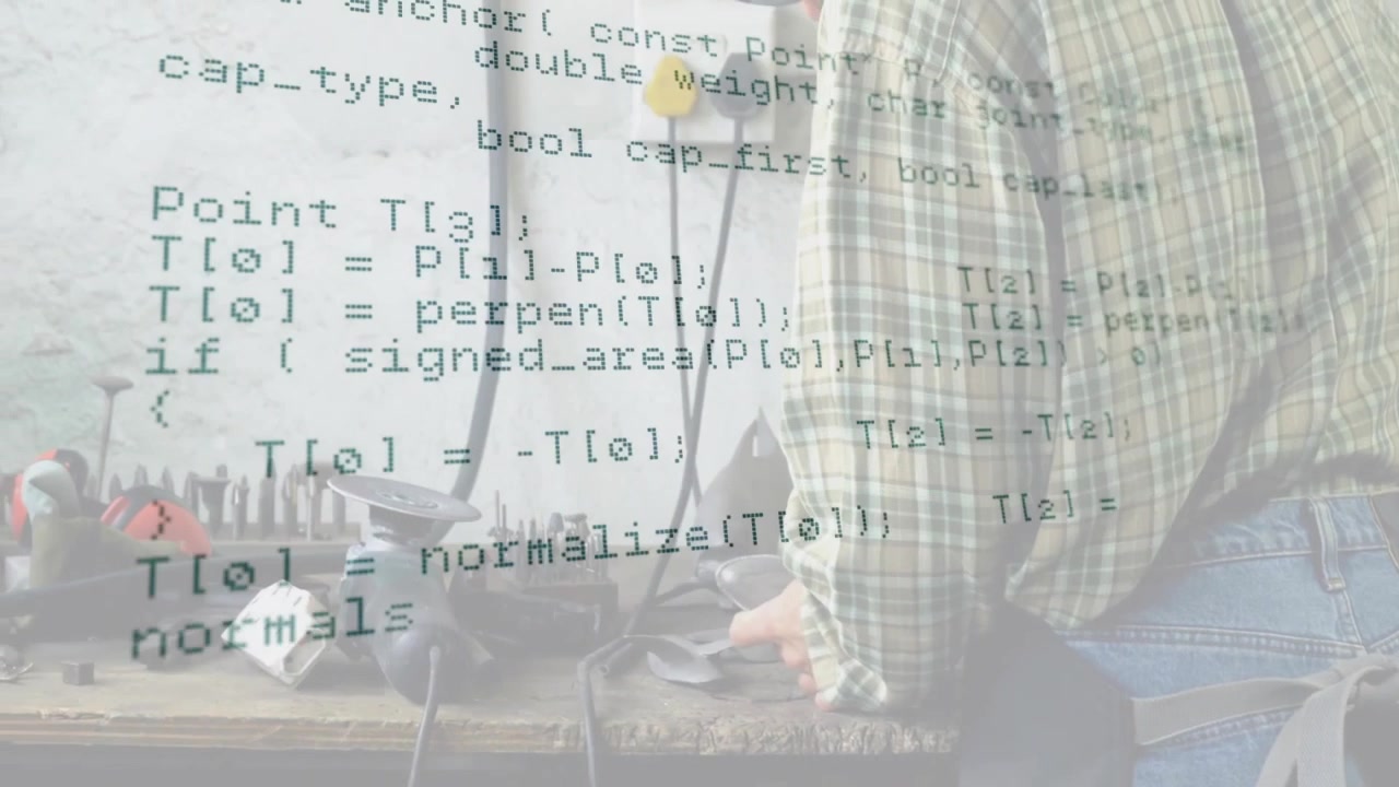 Woman handling drill and pliers in workshop as C++ geometry code scrolls over torso showing output