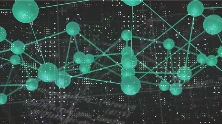 3D data network starting rotation green spheres drifting along rods revealing hidden connections