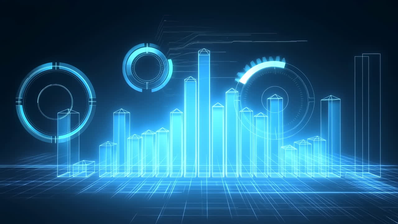 Holografisk bysilhuett med glødende HUD-ringer, AI-drevet digital tvillingvisualisering av urbane data, pulserende
