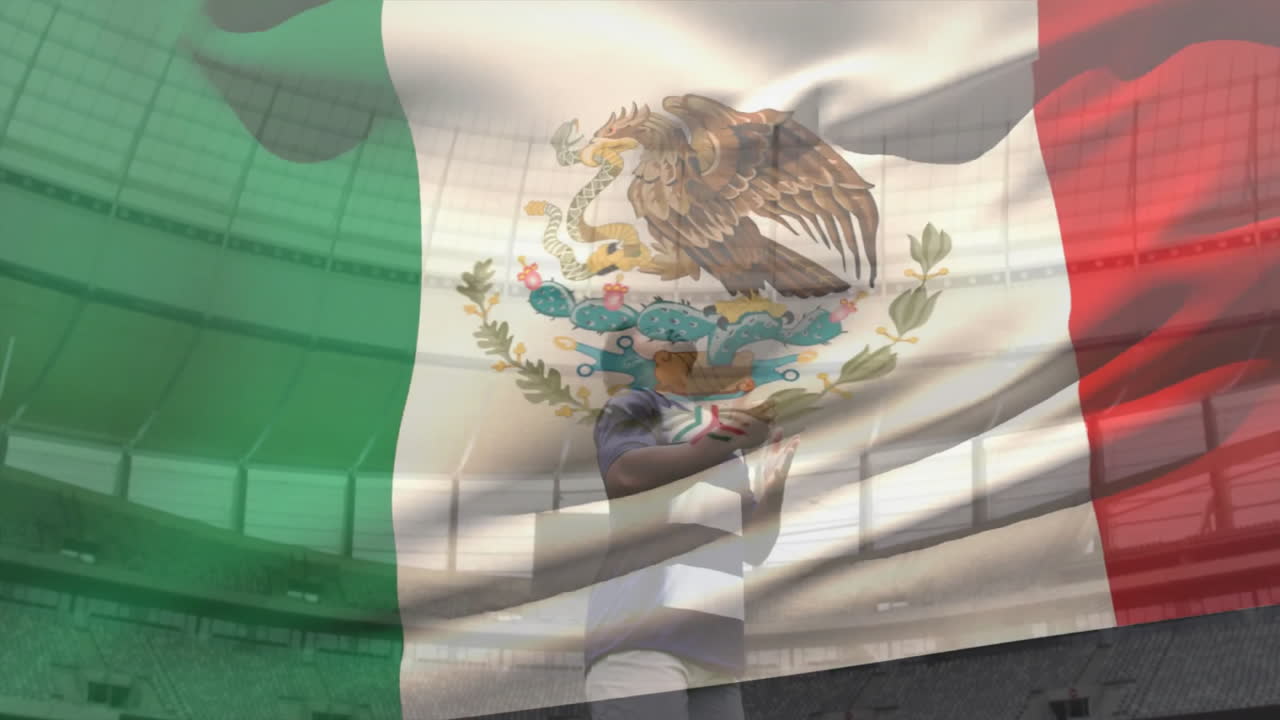 Waving Mexican flag, person standing in stadium watching animation on screen