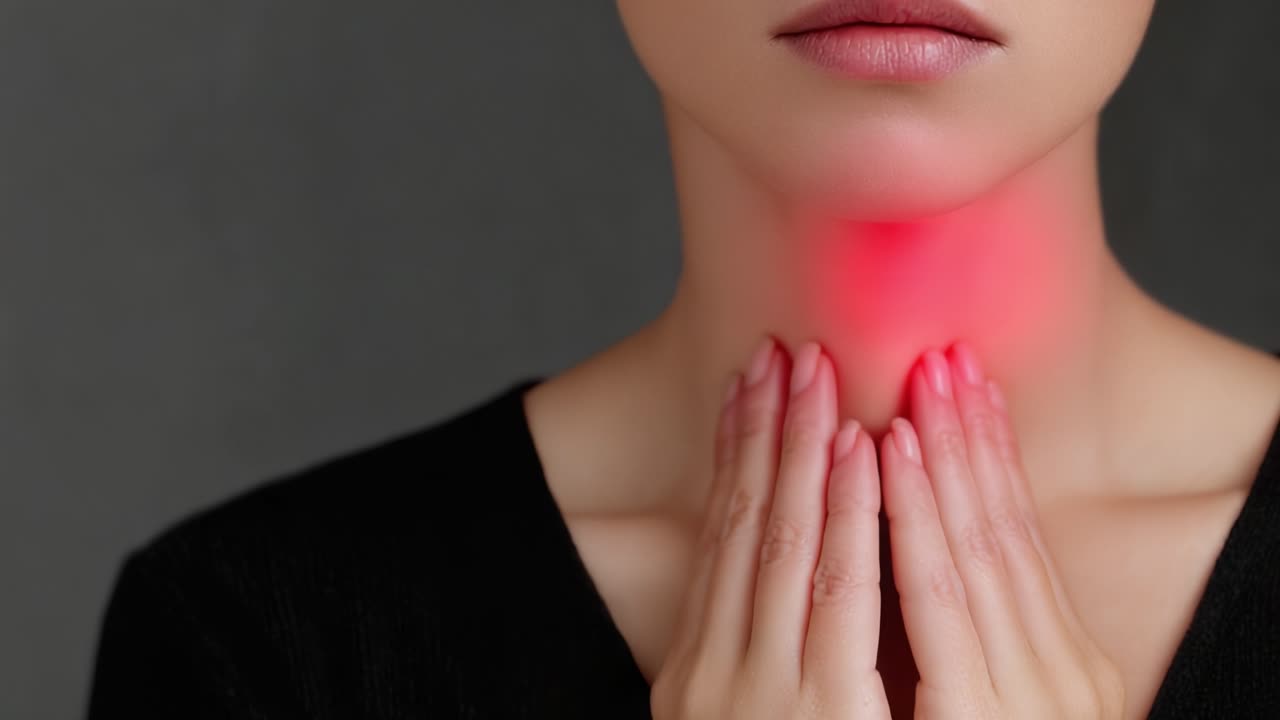 Un primo piano di una donna che prova fastidio alla gola, illustrando le sensazioni e i sintomi spesso associati al mal di gola e all'irritazione.