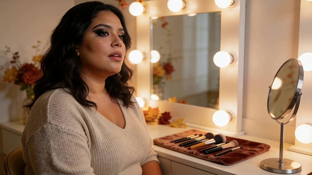 Seeing small mirror, woman in cream sweater opening eyes and turning at lit vanity