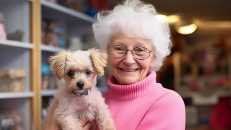 elderly woman with glasses and a pink turtleneck sweater smiles while holding a small, fluffy dog with a dark collar, repeated six times
