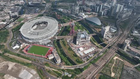 aerial fly drone bird eye view of queen elizabeth olympic park, premiere league cup team west ham, london stadium