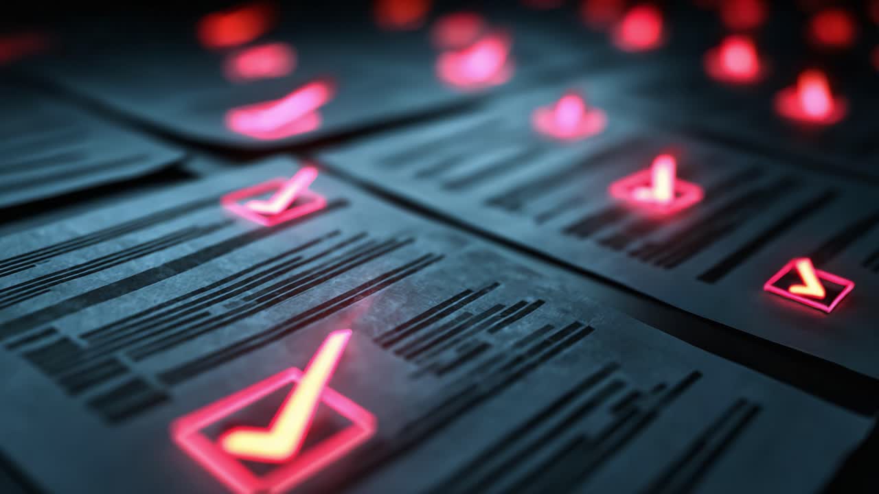 A Close-Up View of Document Review Process with Check Marks Highlighted in Red and Black Background, Signifying Completion and Approval
