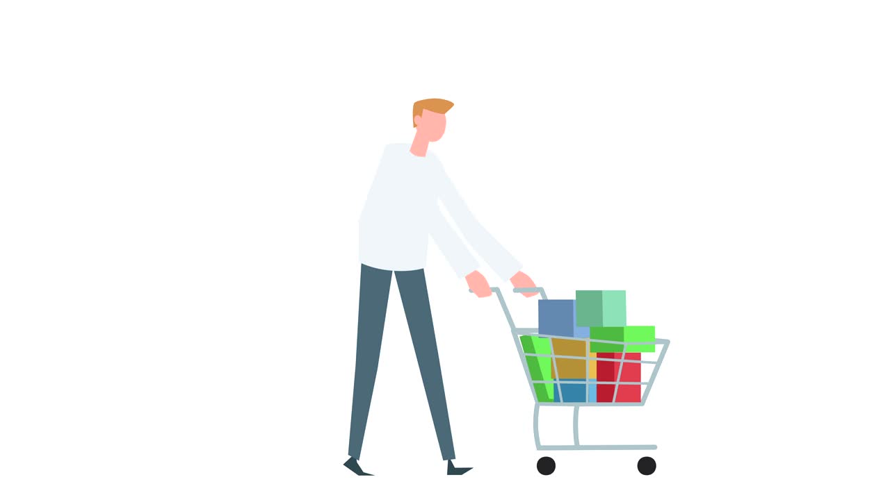 animación de personajes de dibujos animados de hombre colorido. ciclo de caminata masculino con una situación de carrito de compras lleno de mercancías