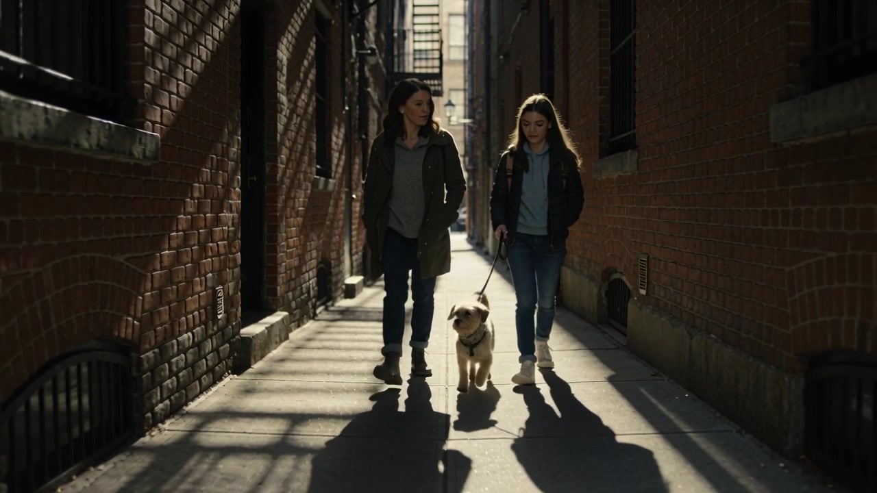 Camera starting to follow pair walking, chatting, guiding dog edging back on leash in sunlit alley