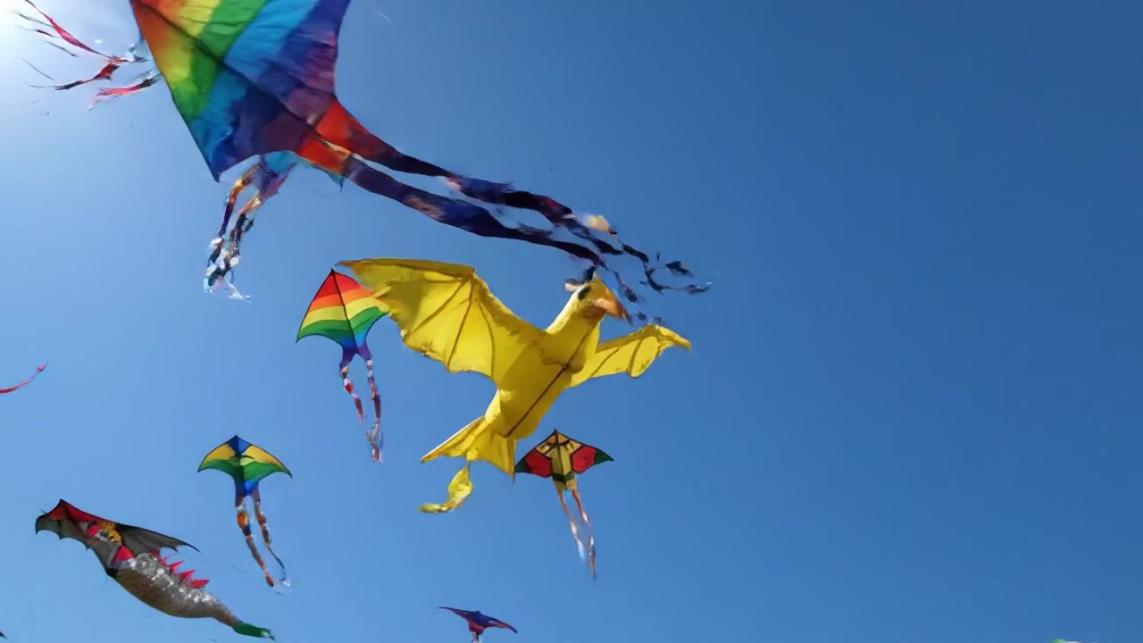 Una vibrante exhibición de cometas coloridas bailando en el cielo despejado, elevándose con gracia, un día perfecto para volar cometas y disfrutar de la belleza de la diversión al aire libre.