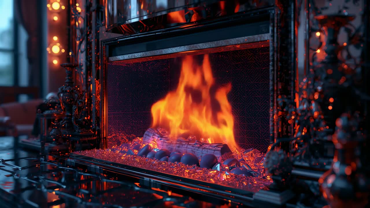 Glowing embers igniting flames on cast-iron grate in living room, with crackling logs warming space