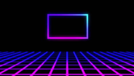 Animation-of-purple-and-blue-rectangle-outline,-over-moving-grid-on-black